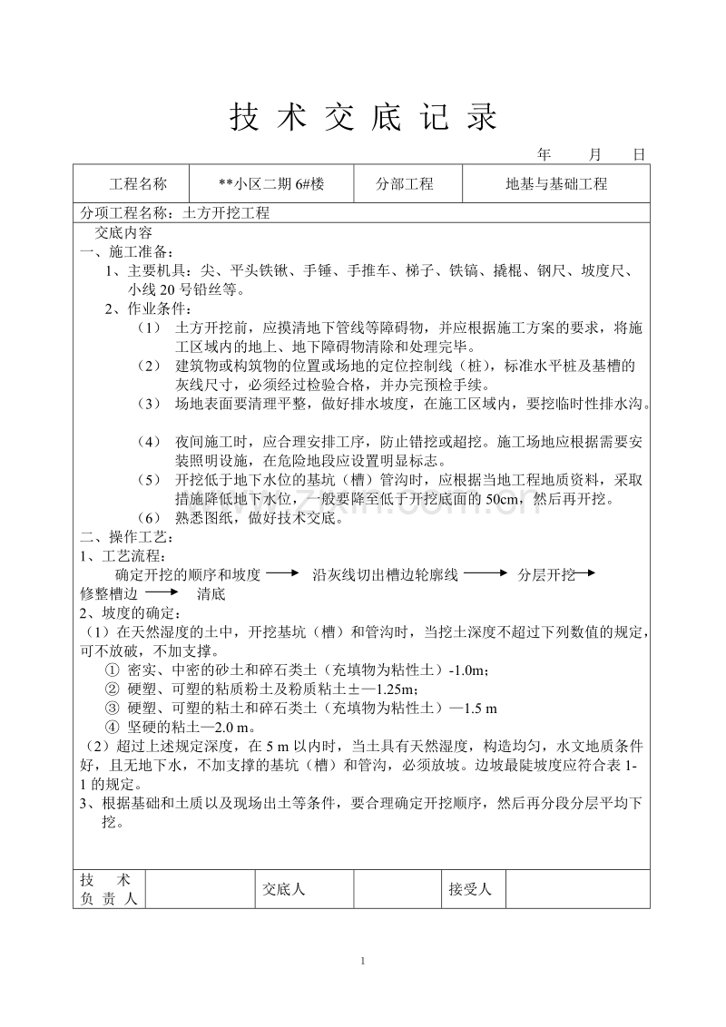 小区二期6#楼地基与基础工程土方开挖工程技术交底记录.doc_第1页