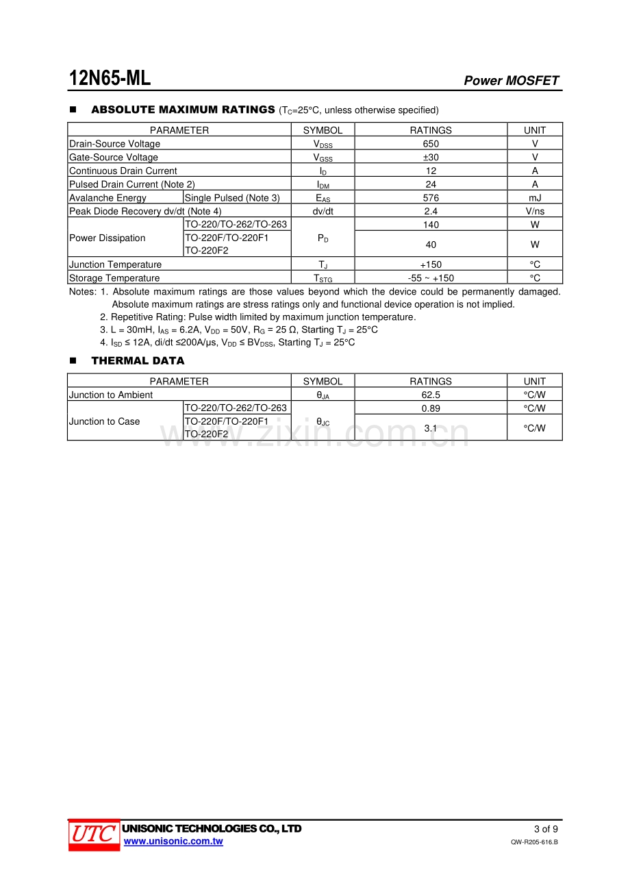 12N65L-ML UTC n沟道功率mosfet管-骊微电子.pdf_第3页