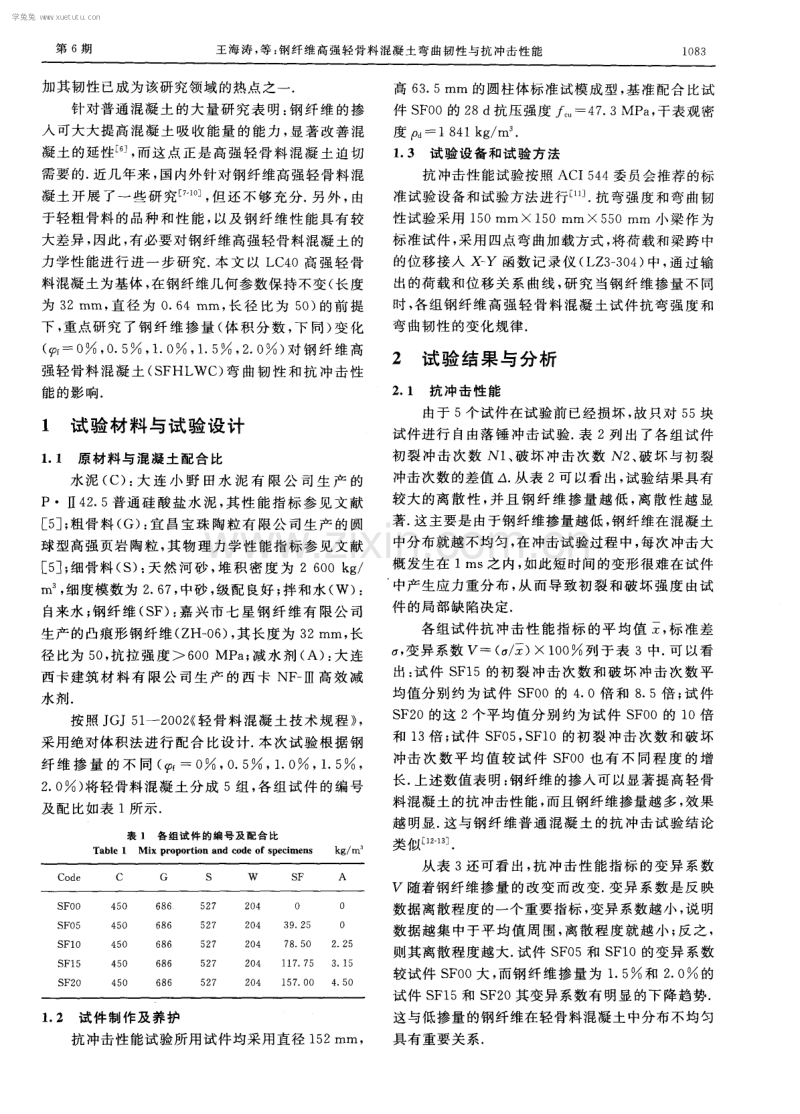 钢纤维高强轻骨料混凝土弯曲韧性与抗冲击性能.pdf_第2页