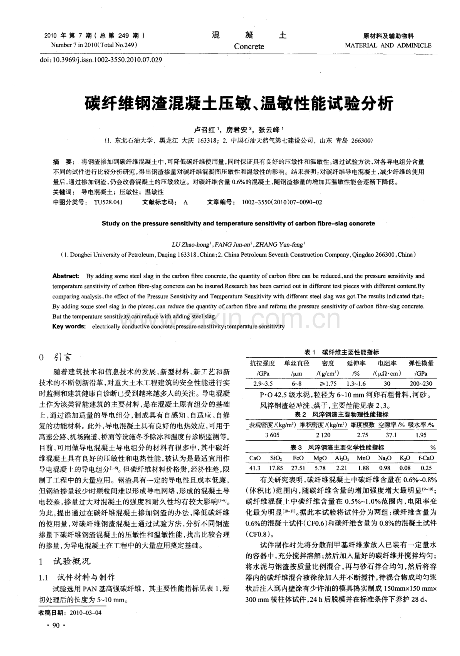 碳纤维钢渣混凝土压敏、温敏性能试验分析.pdf_第1页