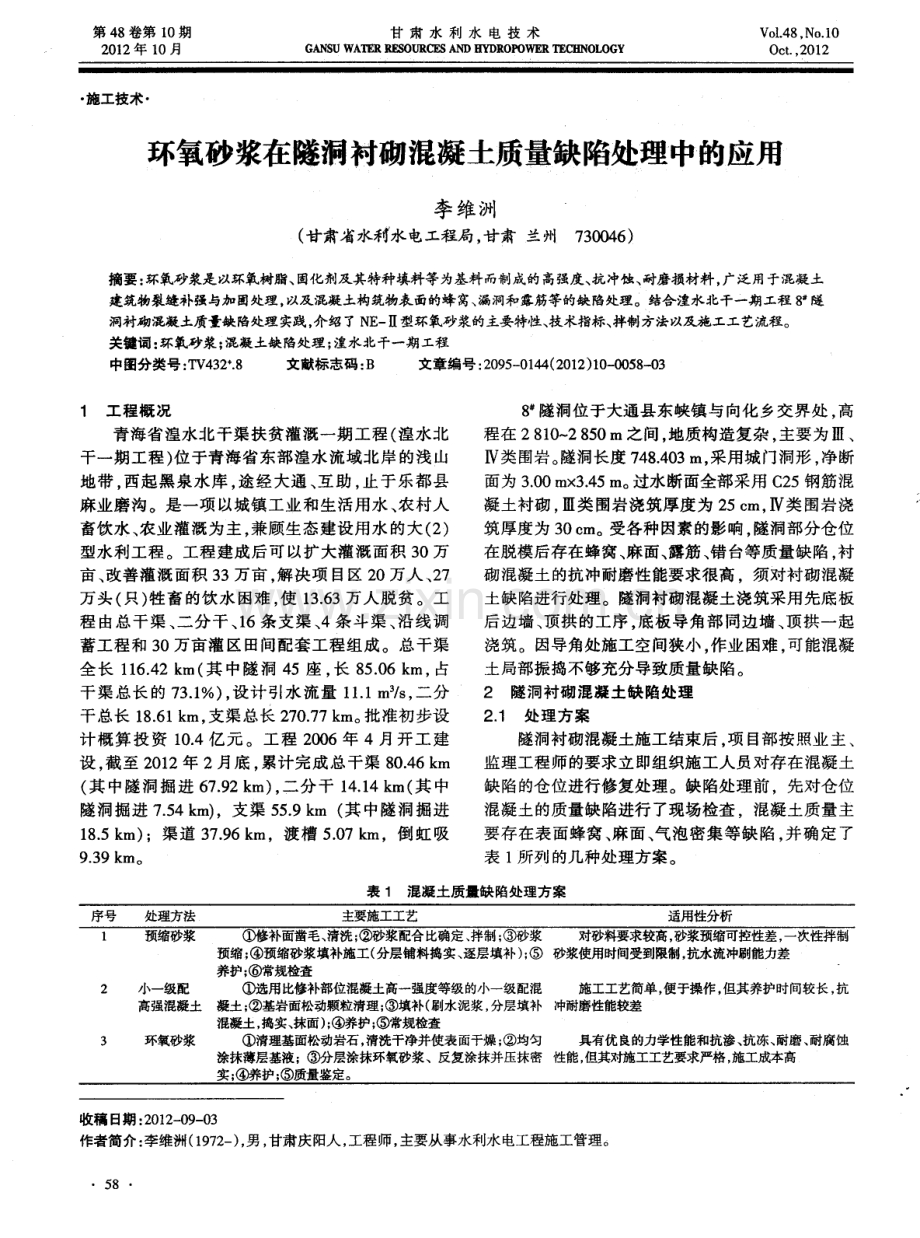 环氧砂浆在隧洞衬砌混凝土质量缺陷处理中的应用.pdf_第1页