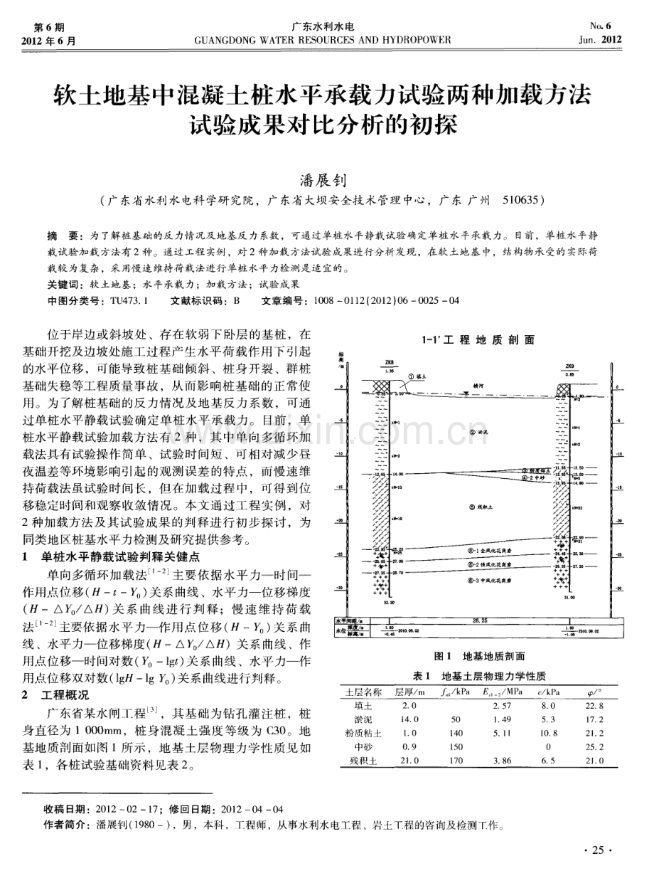 软土地基中混凝土桩水平承载力试验两种加载方法试验成果对比分析的初探.pdf_第1页