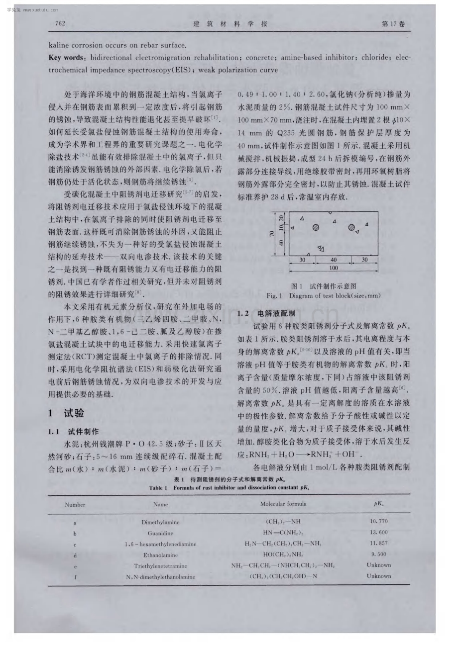 氯盐侵蚀混凝土结构延寿技术初探Ⅱ——混凝土中6种胺类有机物电迁移与阻锈性能.pdf_第2页