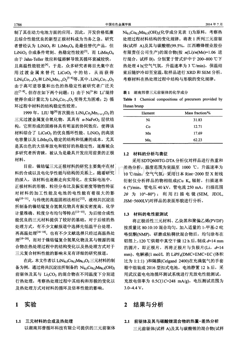 热处理过程中锂离子电池正极材料LiNi0.5CO0.2Mn0.302的结构变化及电化学性能.pdf_第2页