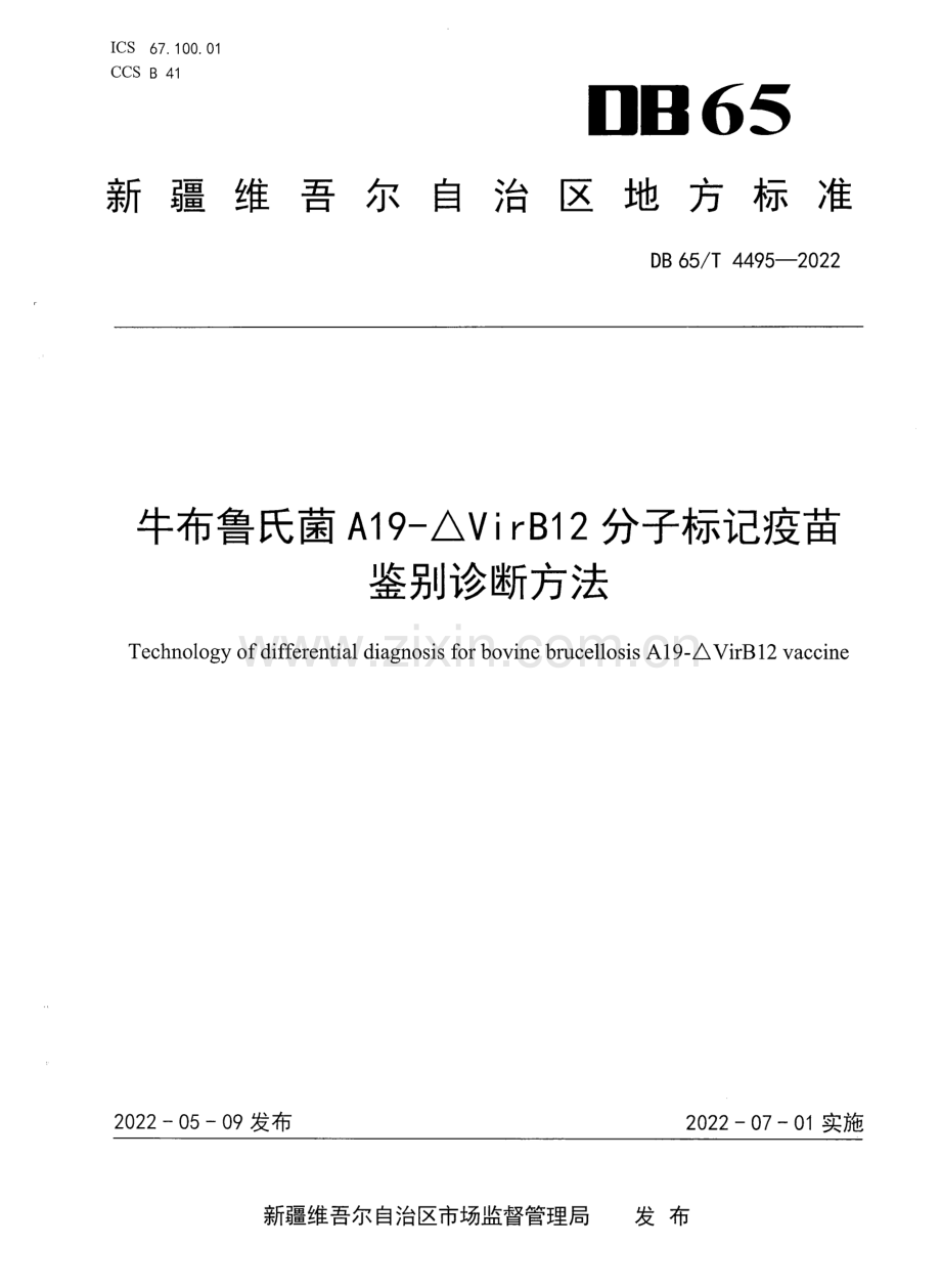 DB65∕T 4495-2022 牛布鲁氏菌A19-△VirB12分子标记疫苗鉴别诊断方法.pdf_第1页