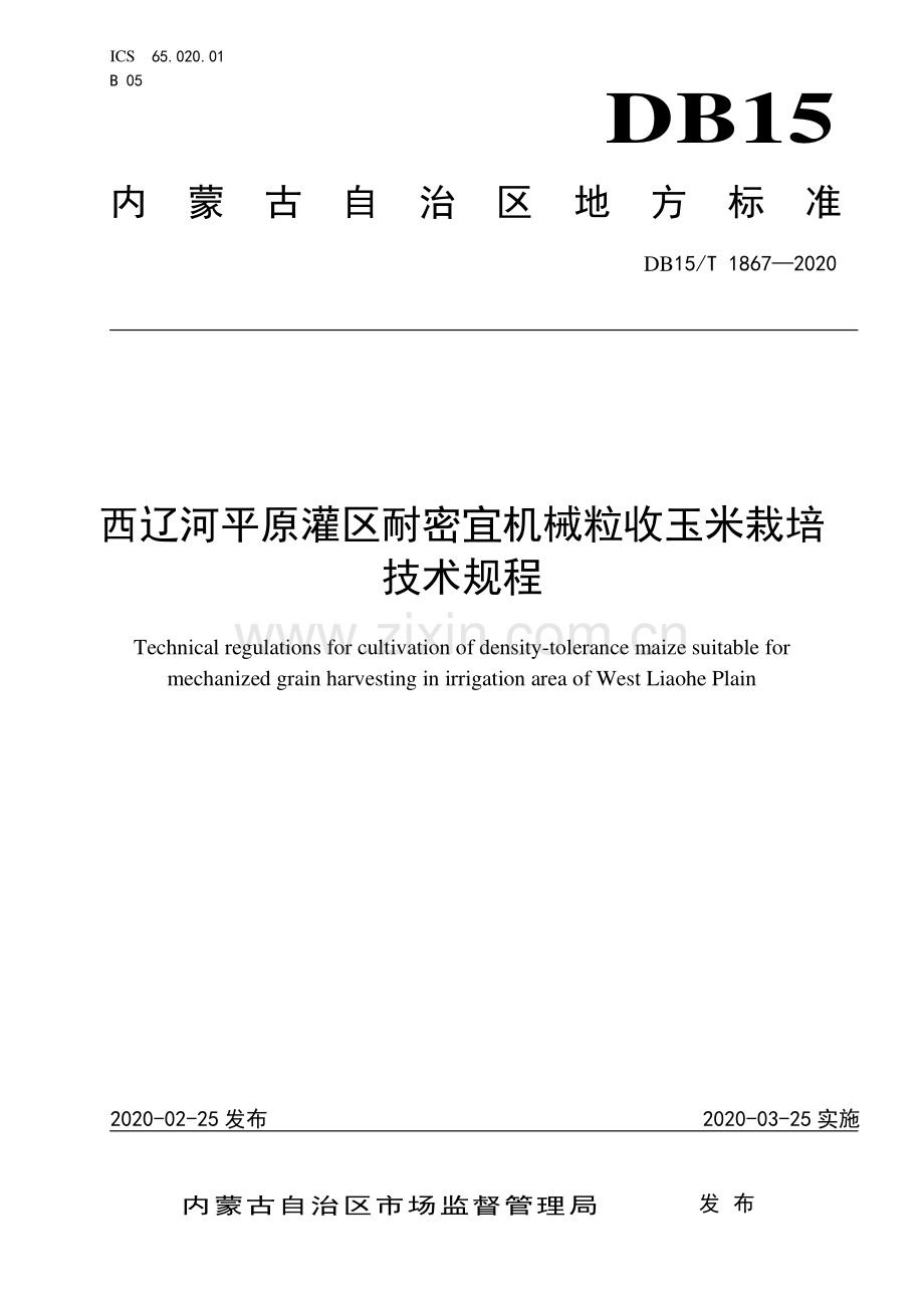 DB15∕T 1867—2020 西辽河平原灌区耐密宜机械粒收玉米栽培技术规程(内蒙古自治区).pdf_第1页