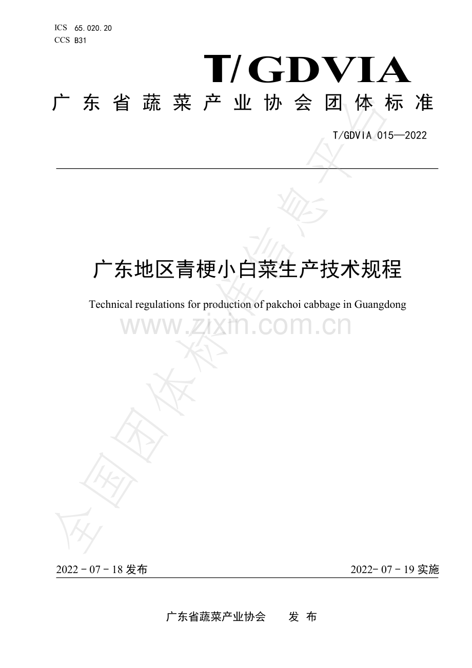 T∕GDVIA 015-2022 广东地区青梗小白菜生产技术规程.pdf_第1页