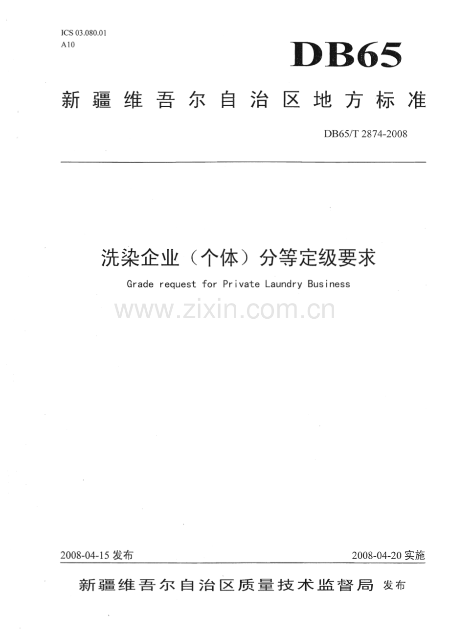 DB65∕T 2874-2008 洗染企业（个体）分等定级要求(新疆维吾尔自治区).pdf_第1页