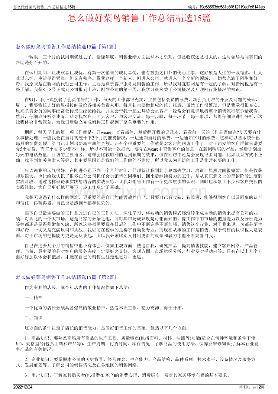 怎么做好菜鸟销售工作总结精选15篇.pdf_第1页