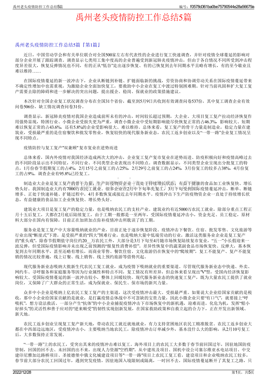 禹州老头疫情防控工作总结5篇.pdf_第1页