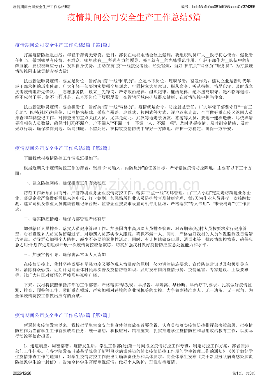 疫情期间公司安全生产工作总结5篇.pdf_第1页