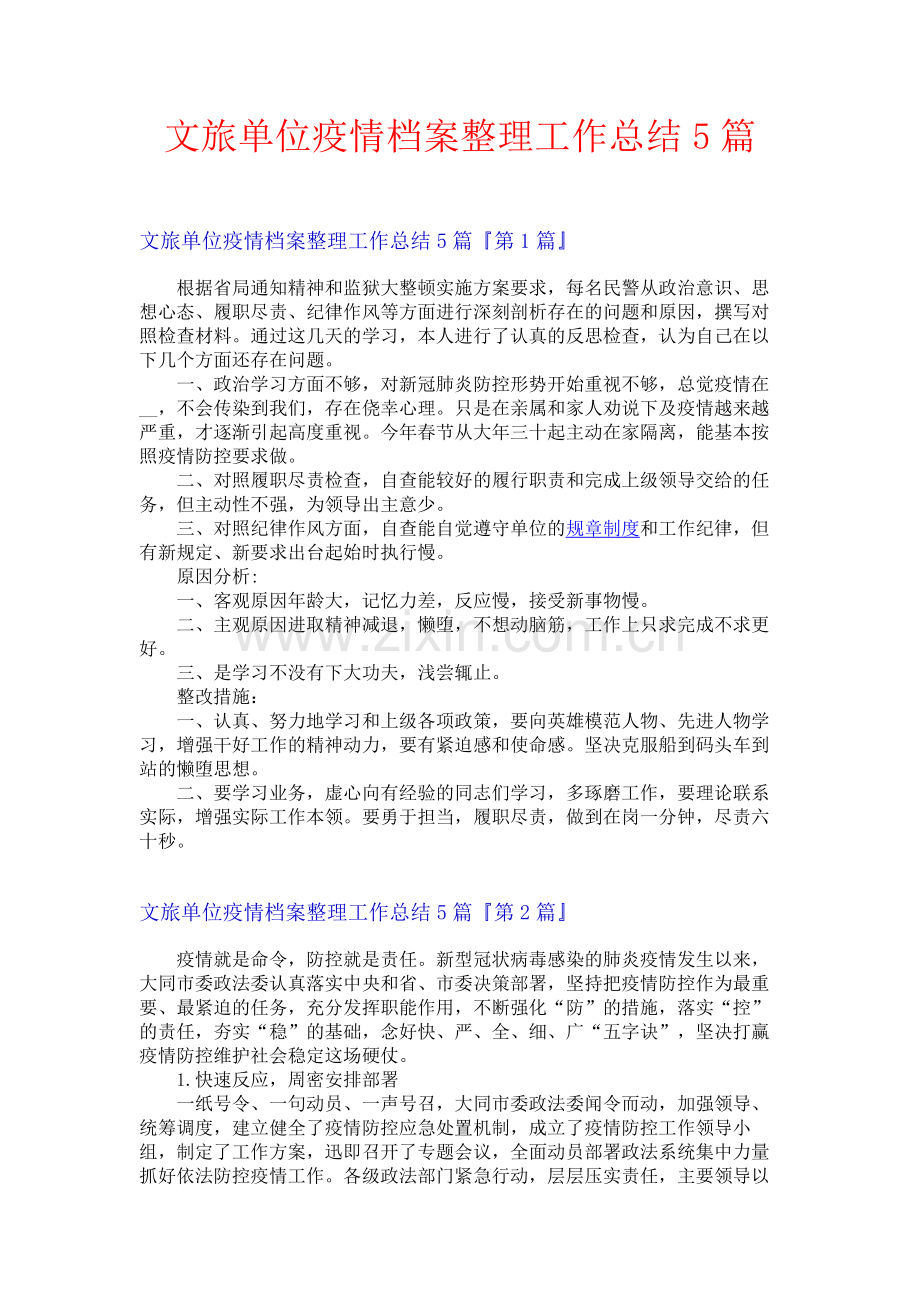 文旅单位疫情档案整理工作总结5篇.docx_第1页