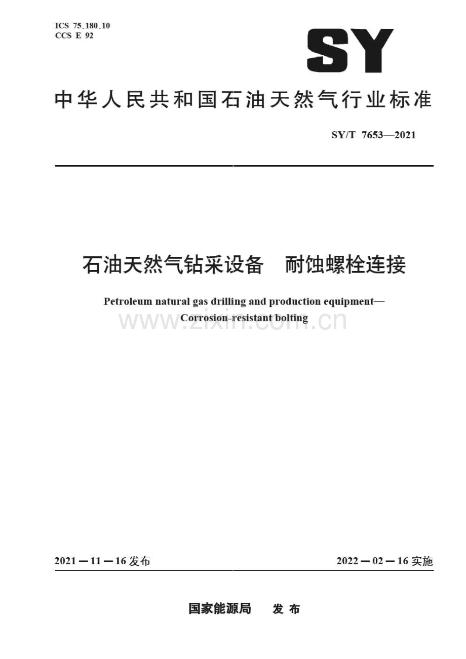 SY∕T 7653-2021 石油天然气钻采设备 耐蚀螺栓连接(石油天然气).pdf_第1页