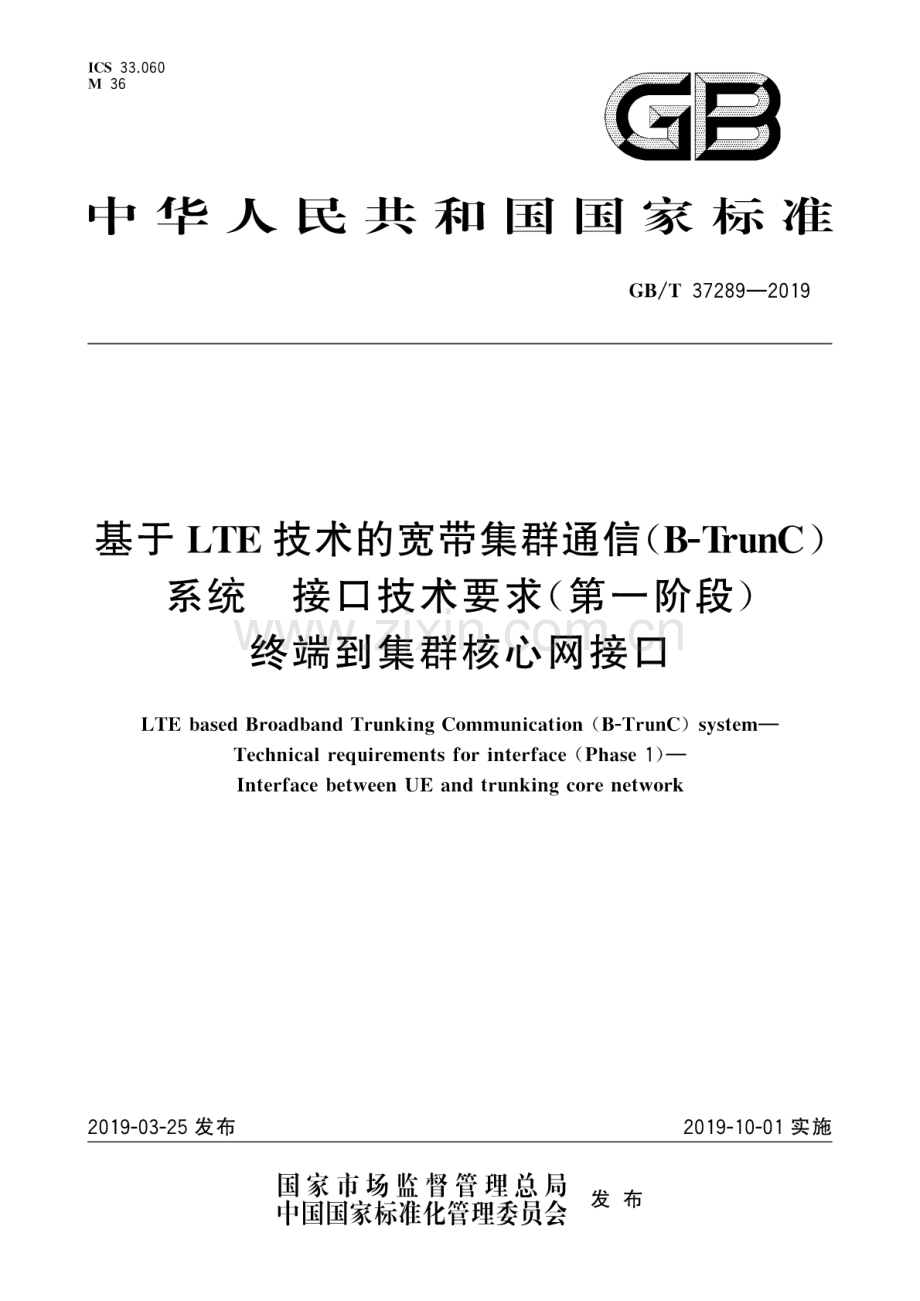 GB∕T 37289-2019 基于LTE技术的宽带集群通信(B-TrunC)系统 接口技术要求( 第一阶段) 终端到集群核心网接口.pdf_第1页