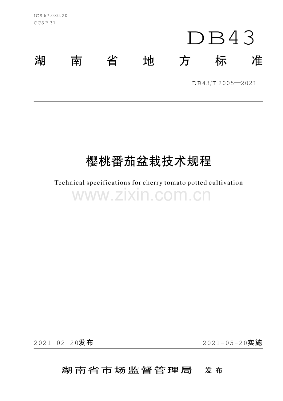 DB43∕T 2005-2021 樱桃番茄盆栽技术规程(湖南省).pdf_第1页