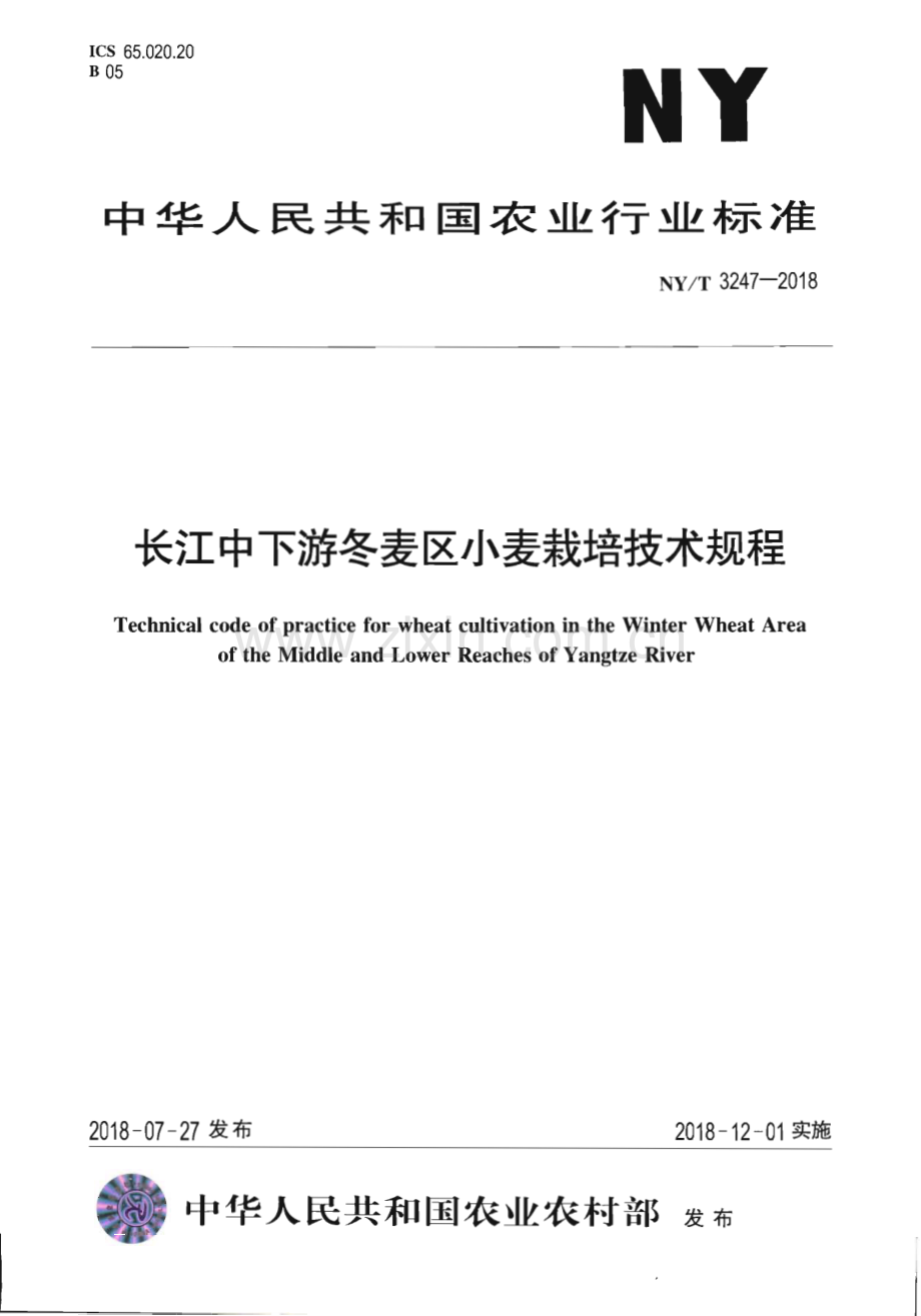 NY∕T 3247-2018 长江中下游冬麦区小麦栽培技术规程(农业).pdf_第1页