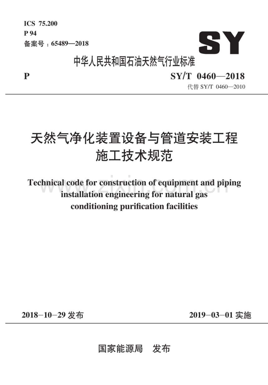 SY∕T 0460-2018（代替SY∕T 0460-2010）（备案号：65489-2018） 天然气净化装置设备与管道安装工程施工技术规范.pdf_第1页
