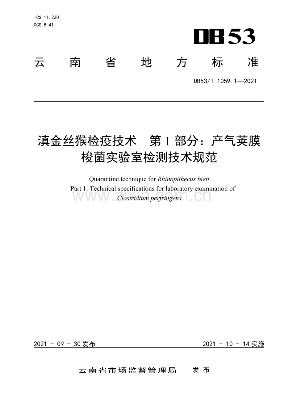 DB53∕T 1059.1-2021 滇金丝猴检疫技术 第1部分：产气荚膜梭菌实验室检测技术规范(云南省).pdf_第1页