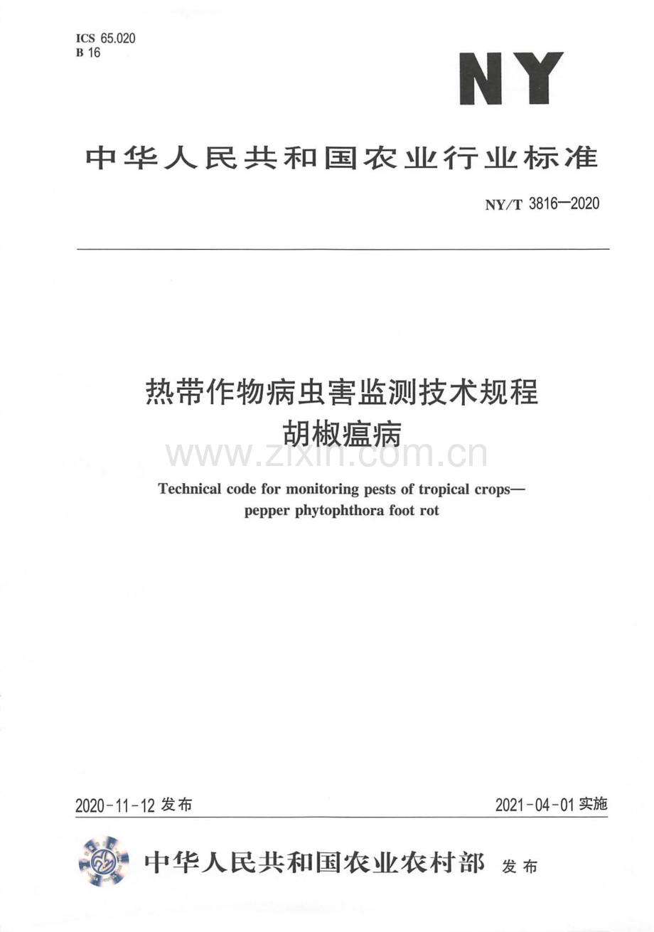 NY∕T 3816-2020 热带作物病虫害监测技术规程 胡椒瘟病[农业].pdf_第1页