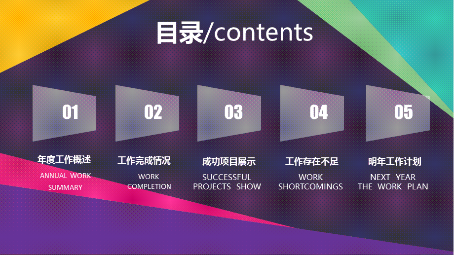 20xx紫蓝绿黄拼接工作汇报年终总结新年计划述职报告PPT模板.pptx_第2页