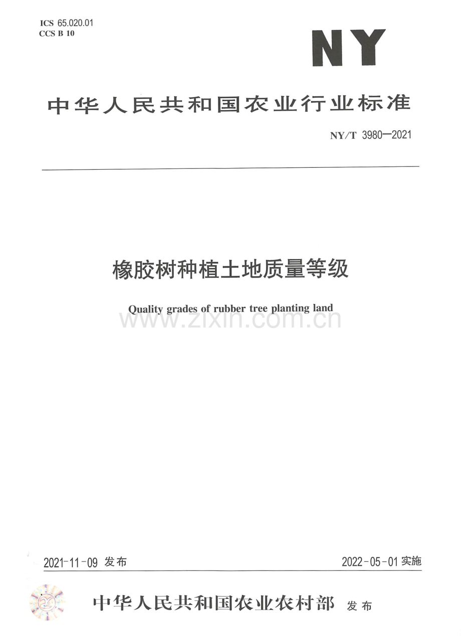 NY∕T 3980-2021 橡胶树种植土地质量等级.pdf_第1页