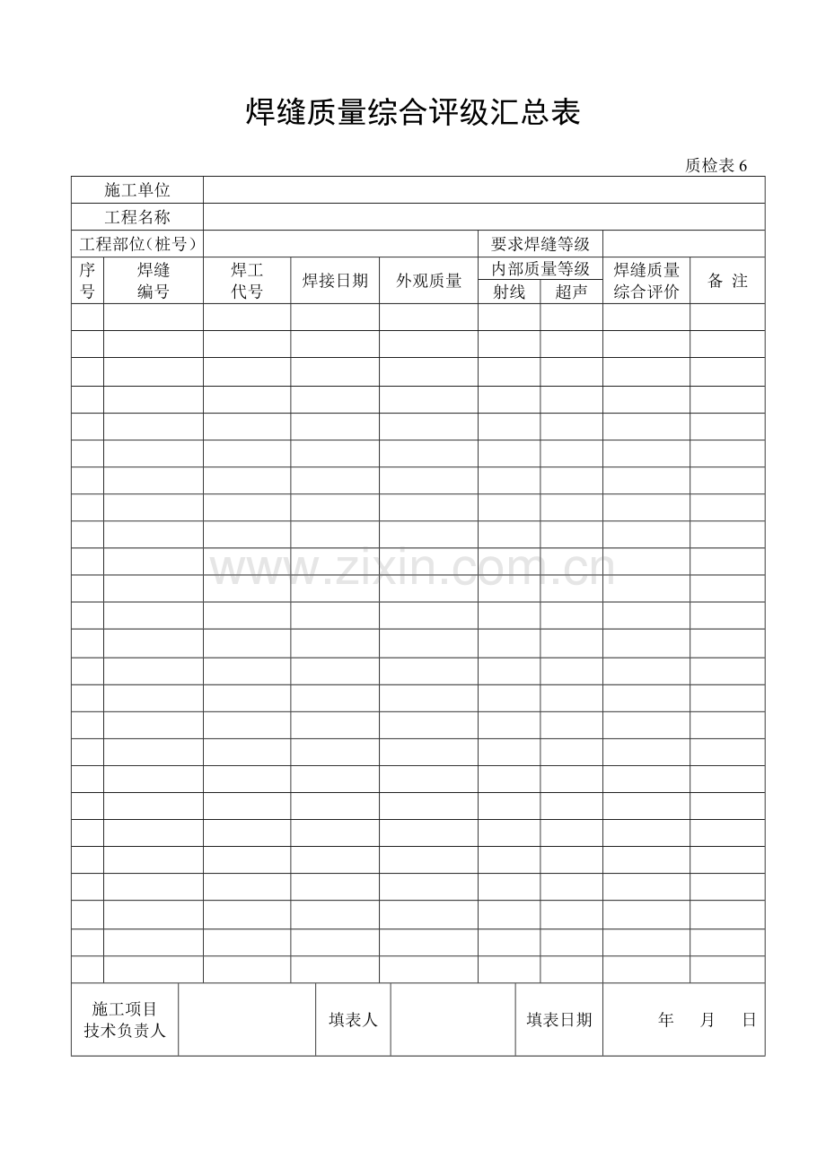 施工管理记录表模板-焊缝质量综合评级汇总表.doc_第1页