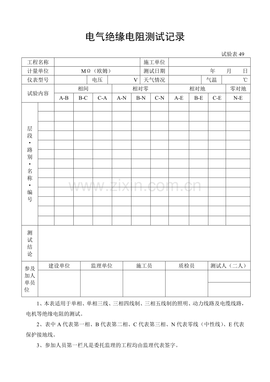 施工管理记录表模板-电气绝缘电阻测试记录.doc_第1页