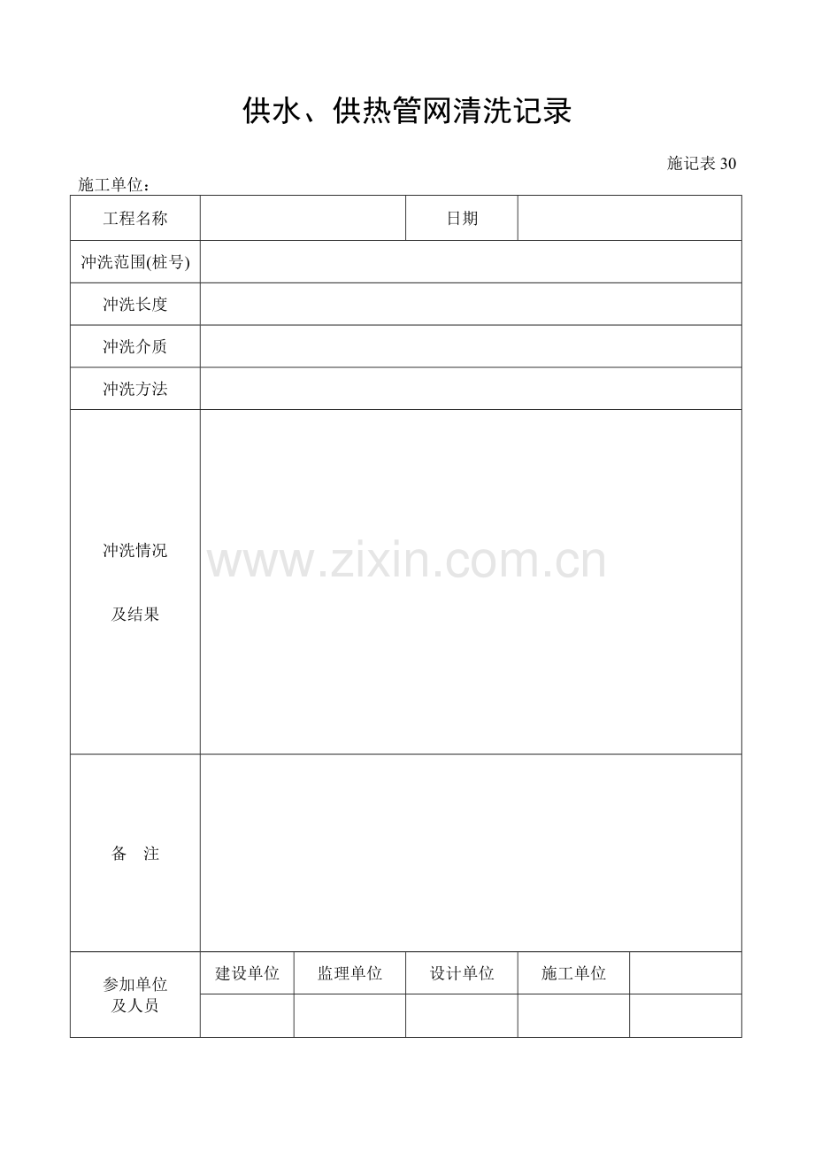 施工管理记录表模板-供水、供热管网清洗记录.doc_第1页