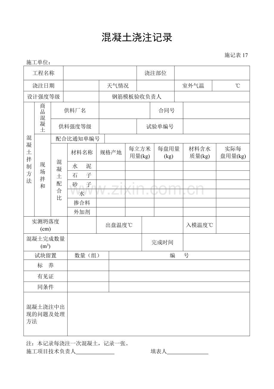 施工管理记录表模板-混凝土浇注记录.doc_第1页