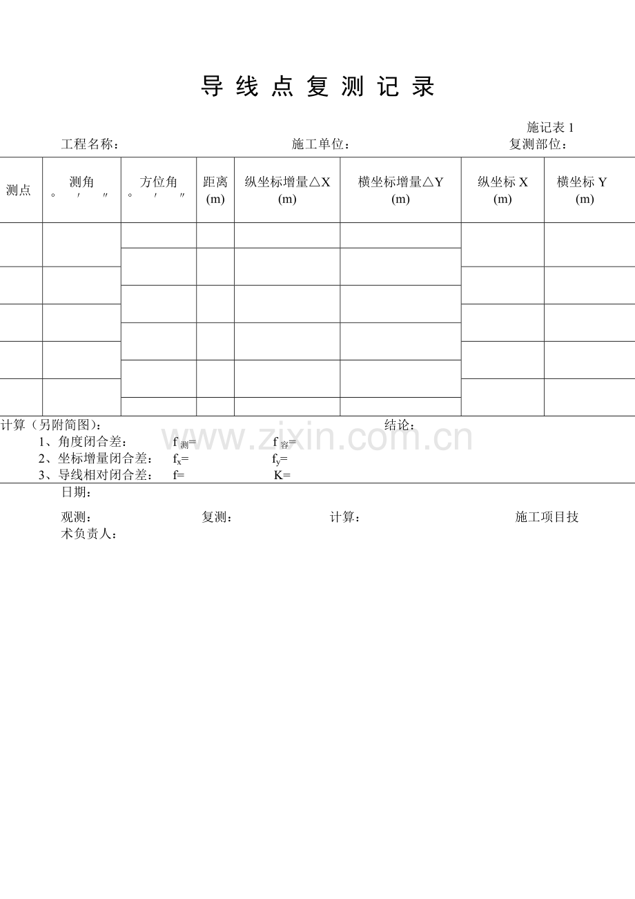 施工管理记录表模板-导线点复测记录.doc_第1页