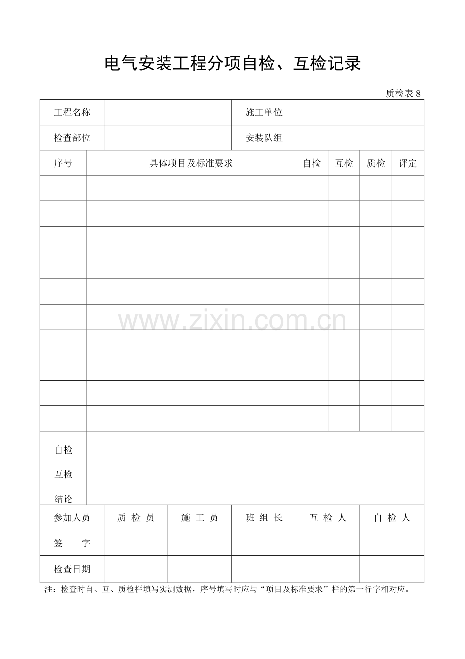 施工管理记录表模板-电气安装工程分项自检、互检记录.doc_第1页