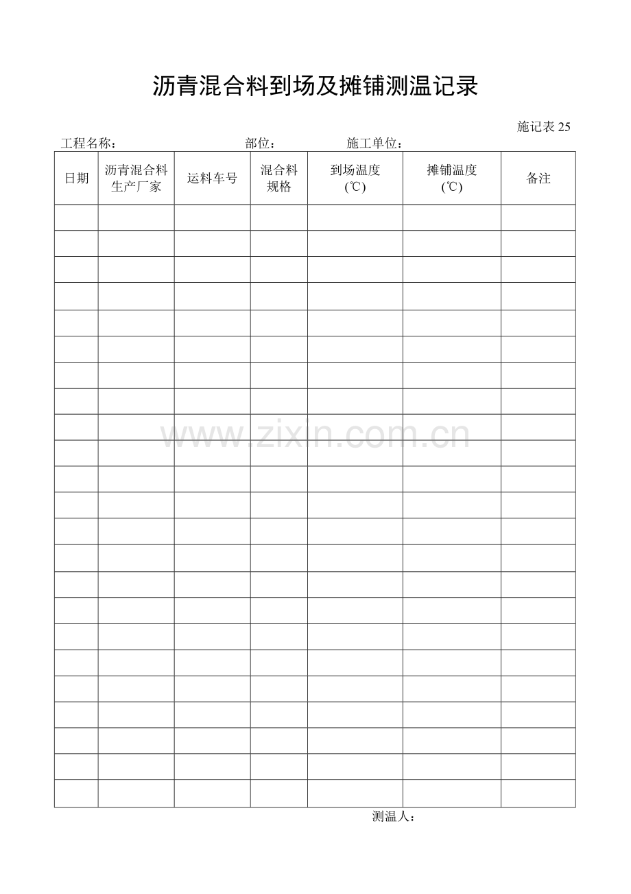 施工管理记录表模板-沥青混合料到场及摊铺测温记录.doc_第1页