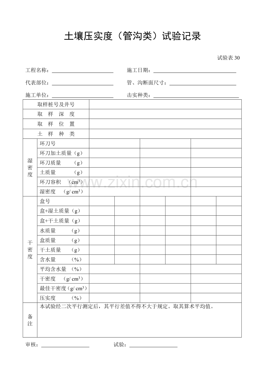 施工管理记录表模板-土壤压实度（管沟类）试验记录.doc_第1页