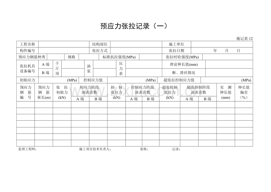 施工管理记录表模板-预应力张拉记录（一）.doc_第1页