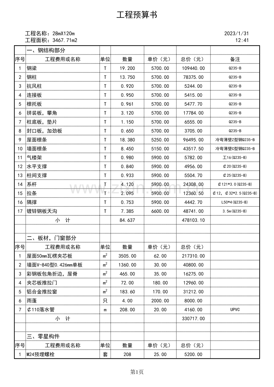 钢结构厂房工程预算范本.xls_第1页