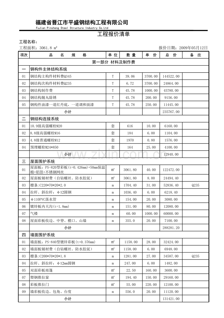 40米跨度业主钢结构厂房报价单清单.xls_第1页