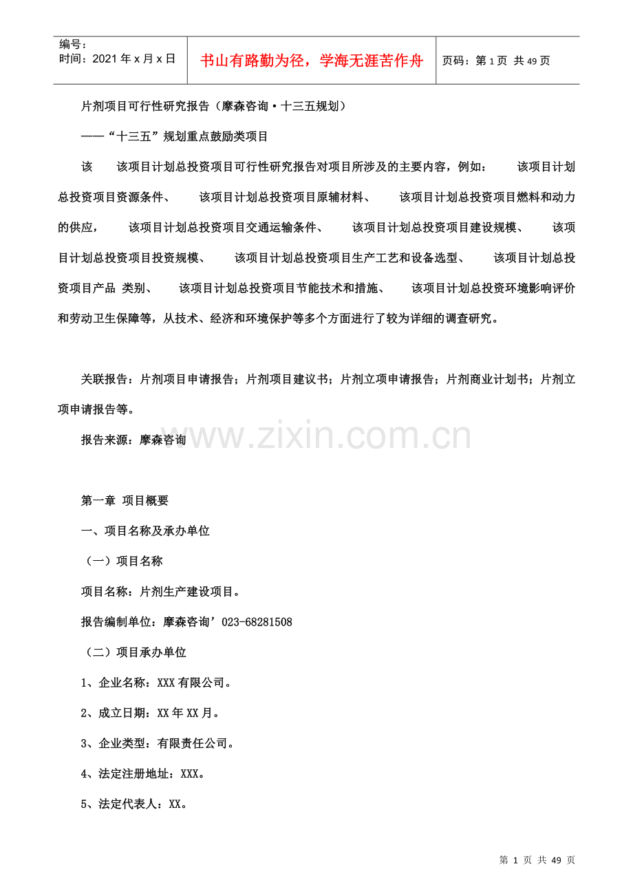 片剂项目可行性研究报告(摩森咨询·十三五规划).docx_第1页