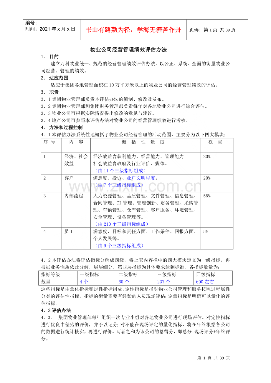 物业公司经营管理绩效评估办法.docx_第1页