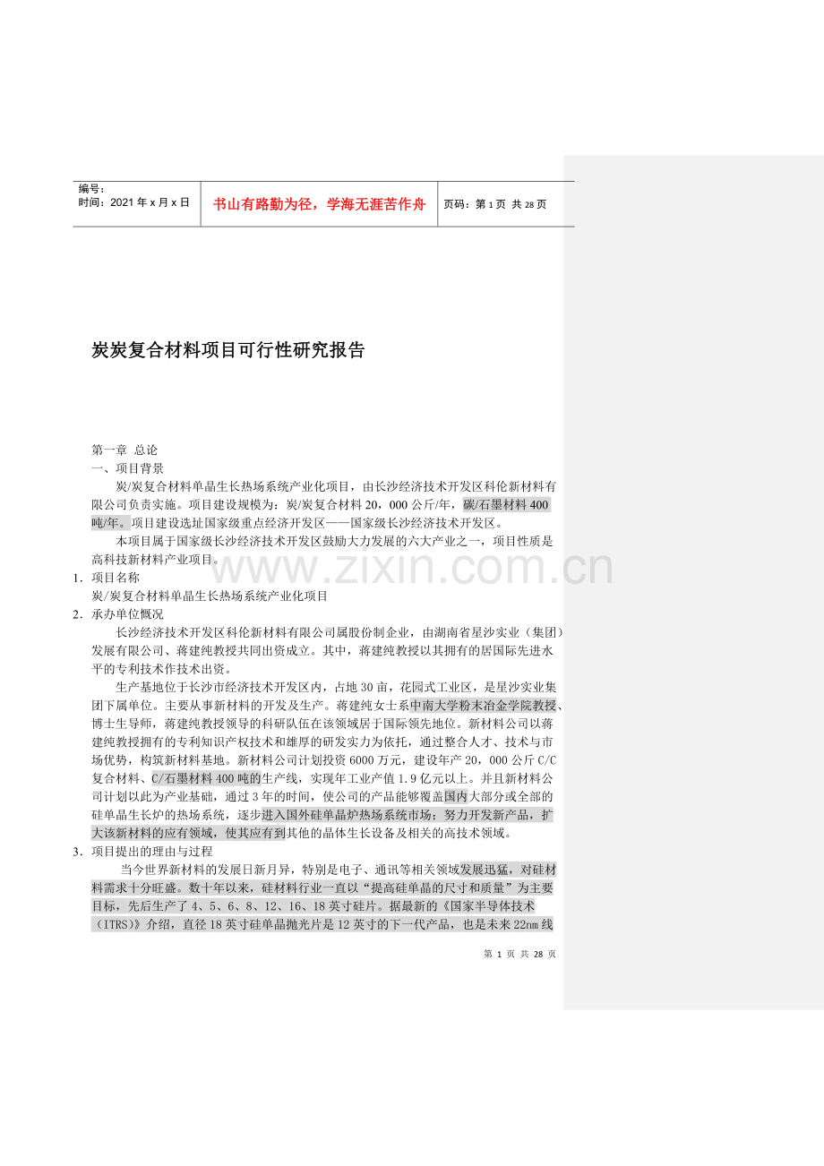 炭复合材料项目可行性研究报告.docx_第1页