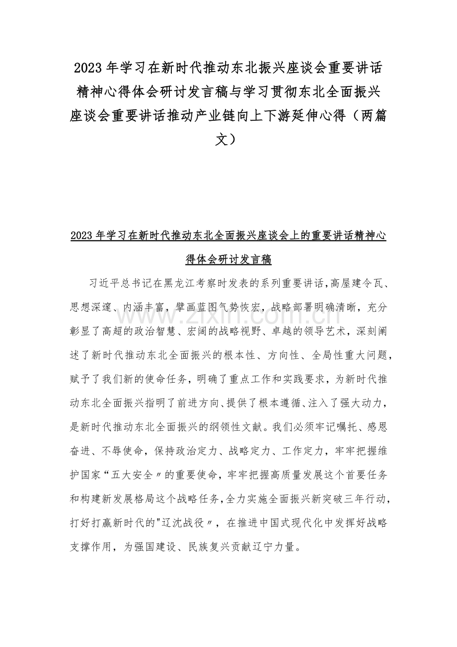 2023年学习在新时代推动东北振兴座谈会重要讲话精神心得体会研讨发言稿与学习贯彻东北全面振兴座谈会重要讲话推动产业链向上下游延伸心得（两篇文）.docx_第1页