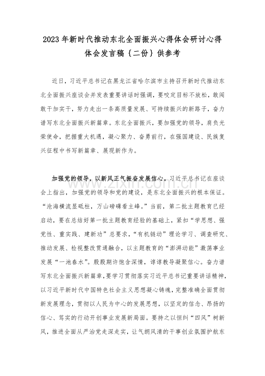 2023年新时代推动东北全面振兴心得体会研讨心得体会发言稿｛二份｝供参考.docx_第1页