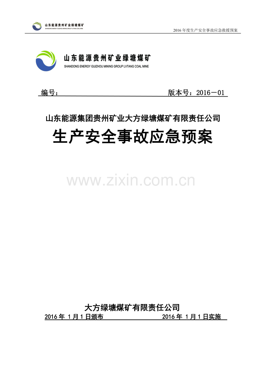 煤矿有限责任公司生产安全事故应急预案.docx_第1页