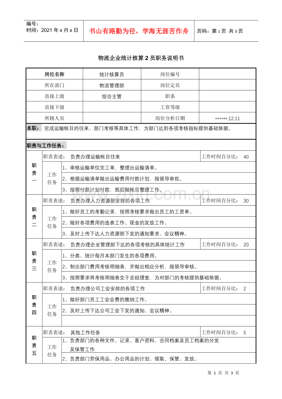 物流企业统计核算员2职务说明书.docx_第1页