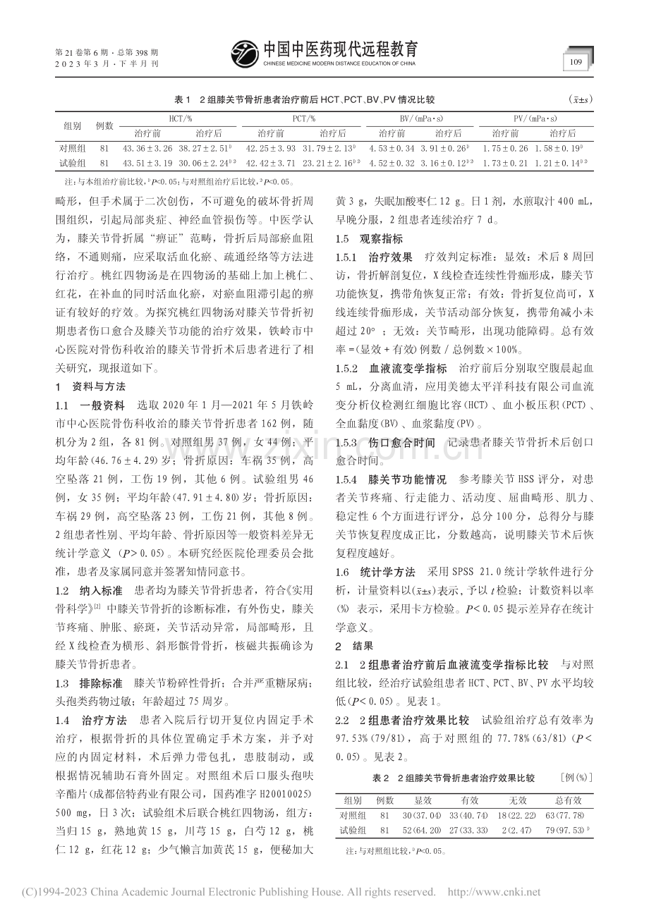 桃红四物汤治疗膝关节骨折初期临床观察_吴健.pdf_第2页