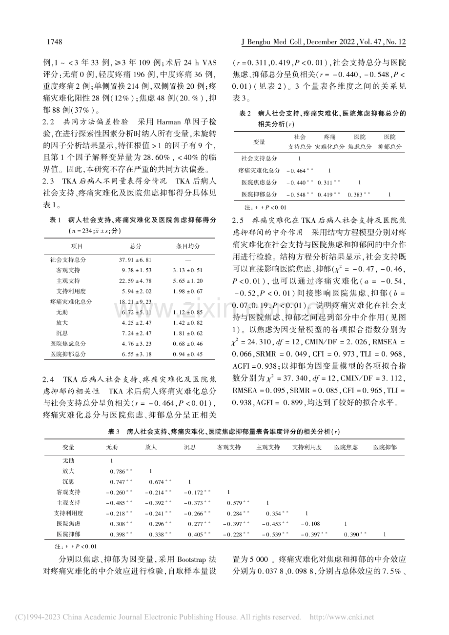 疼痛灾难化在全膝关节置换术...会支持与焦虑抑郁的中介作用_刘嘉.pdf_第3页