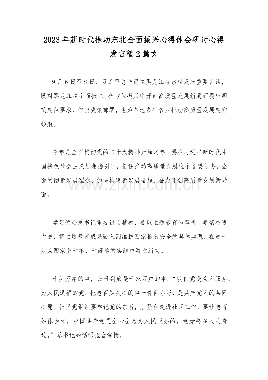 2023年新时代推动东北全面振兴心得体会研讨心得发言稿2篇文.docx_第1页