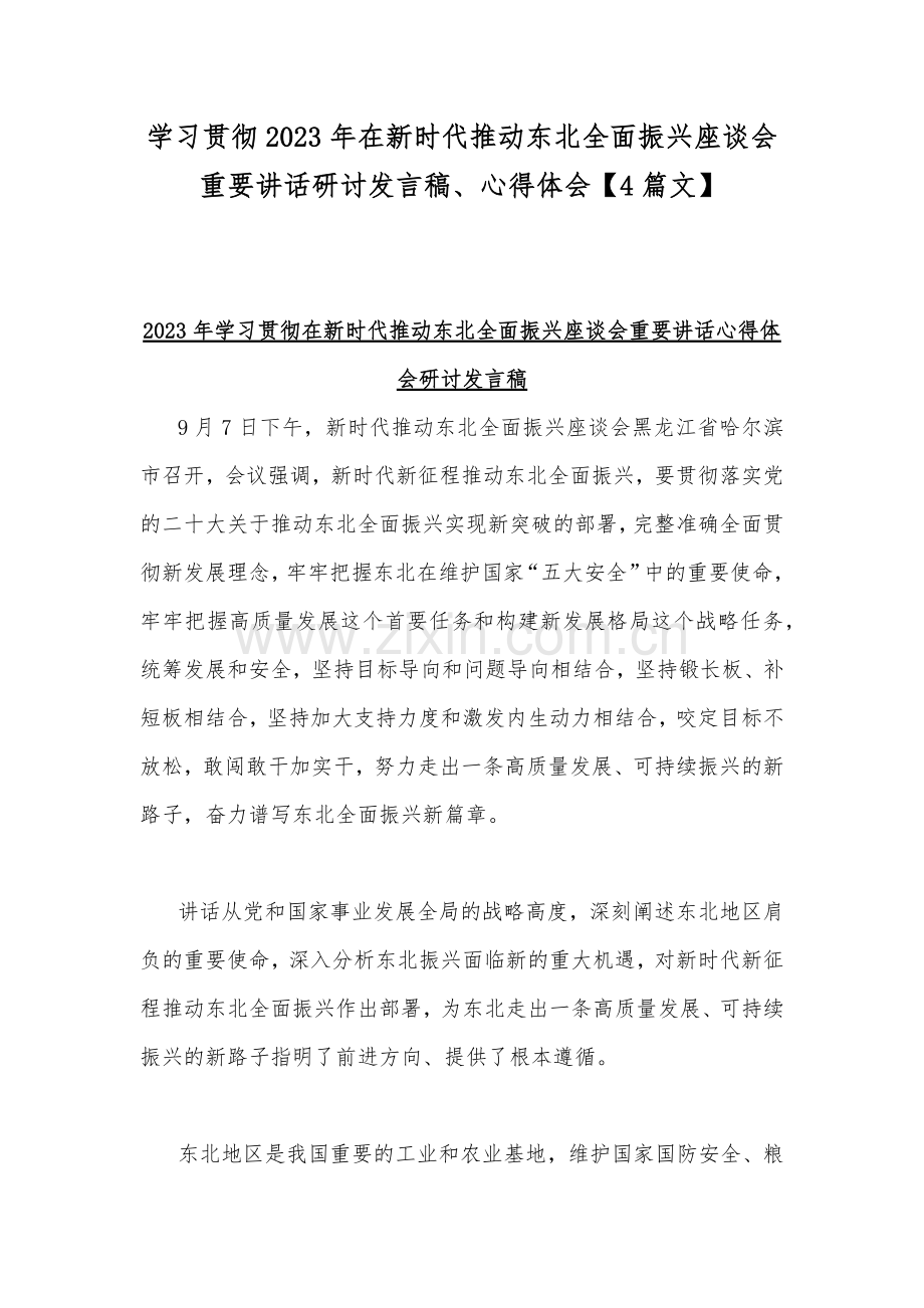 学习贯彻2023年在新时代推动东北全面振兴座谈会重要讲话研讨发言稿、心得体会【4篇文】.docx_第1页