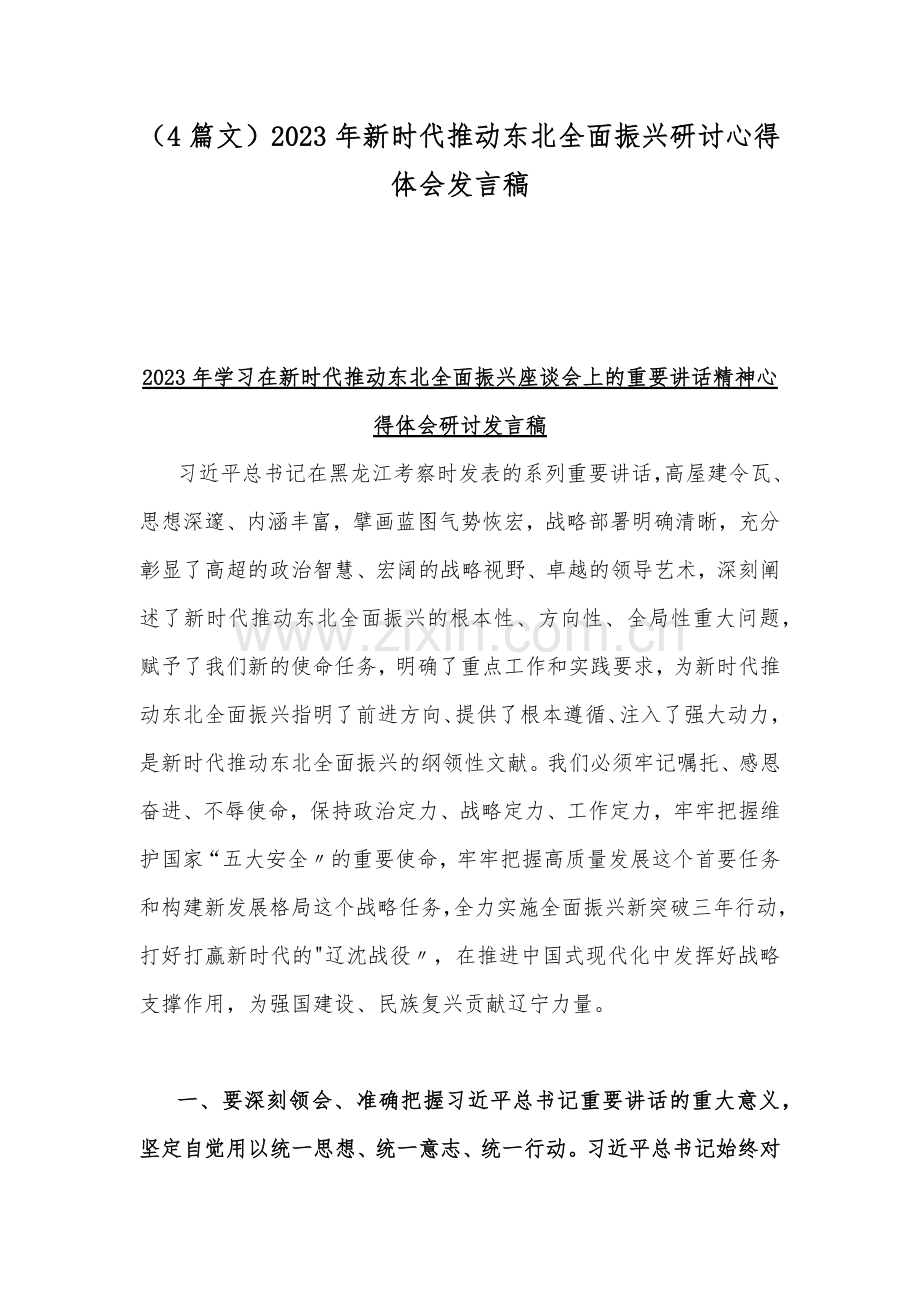 （4篇文）2023年新时代推动东北全面振兴研讨心得体会发言稿.docx_第1页