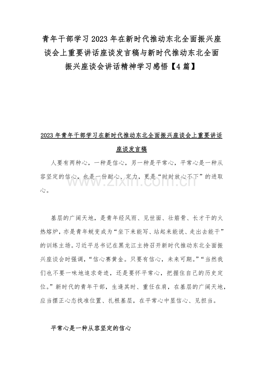 青年干部学习2023年在新时代推动东北全面振兴座谈会上重要讲话座谈发言稿与新时代推动东北全面振兴座谈会讲话精神学习感悟【4篇】.docx_第1页