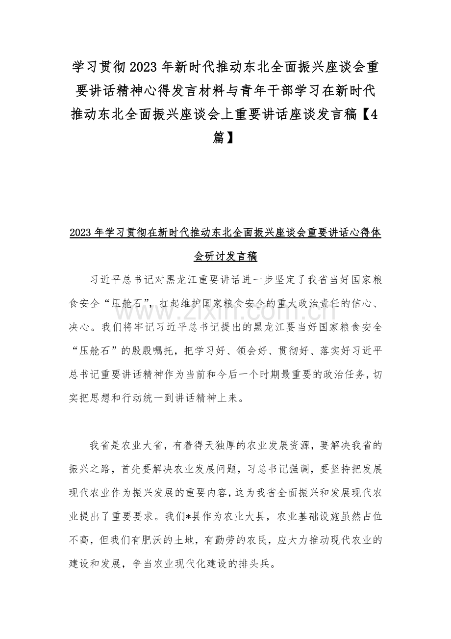 学习贯彻2023年新时代推动东北全面振兴座谈会重要讲话精神心得发言材料与青年干部学习在新时代推动东北全面振兴座谈会上重要讲话座谈发言稿【4篇】.docx_第1页